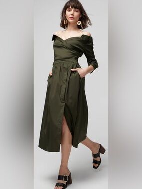 White House Black Market olive Green Trench Dress with Front Slit